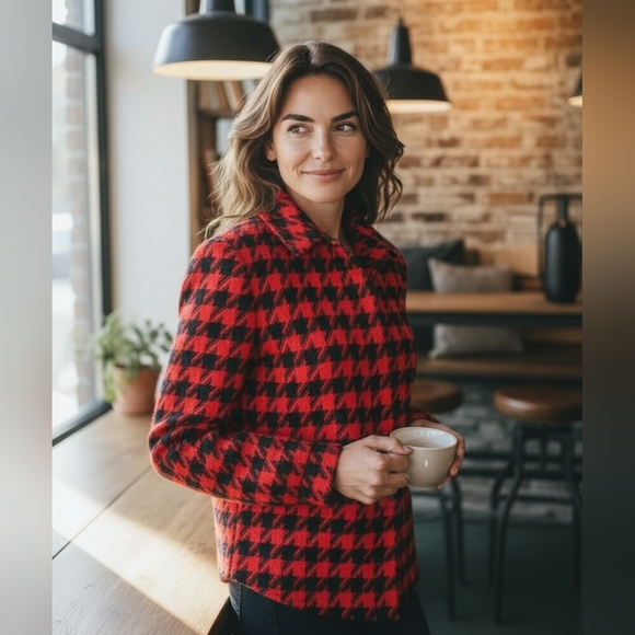 Pendleton Red and Black Wool Houndstooth Jacket Size 10 - Picture 2 of 14